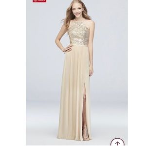 David’s Bridal Gold Open-Back Sequin and Mesh Bridesmaid Dress size 10